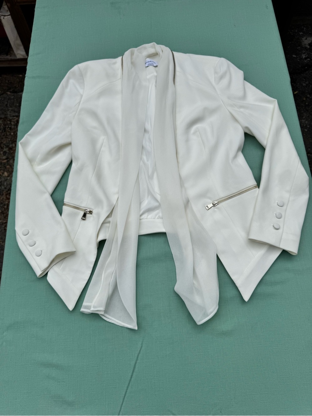 Bebe White Draped Waterfall Blazer Jacket Zip Pockets Size 6